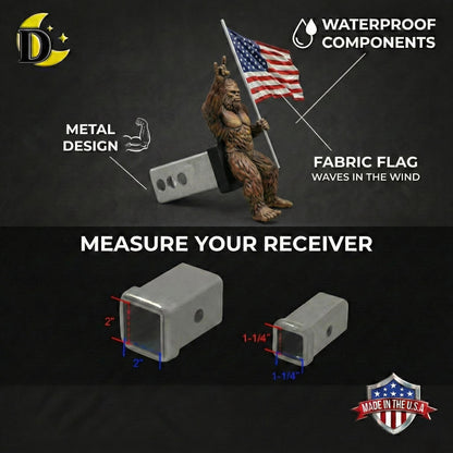 Bigfoot Rock On Hitch Cover with Waving American Flag