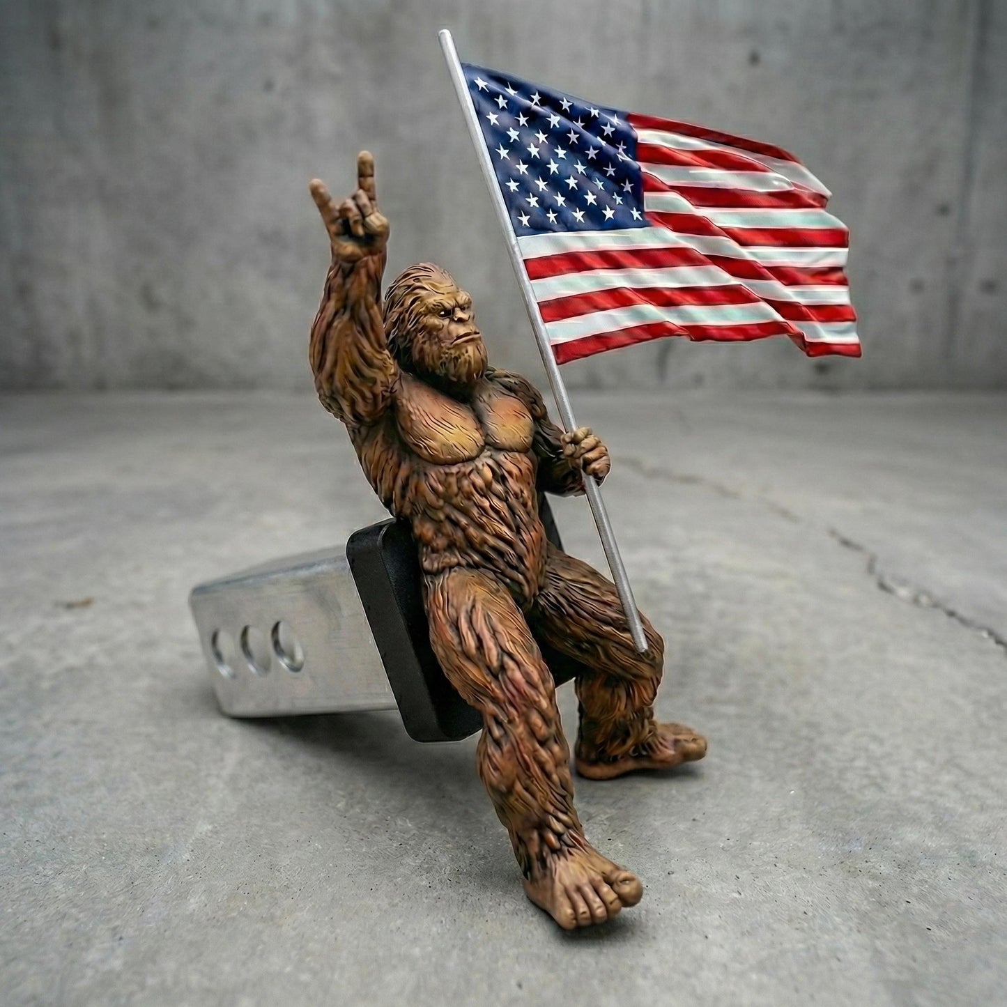 Bigfoot Rock On Hitch Cover with Waving American Flag