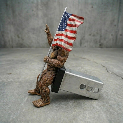 Bigfoot Rock On Hitch Cover with Waving American Flag