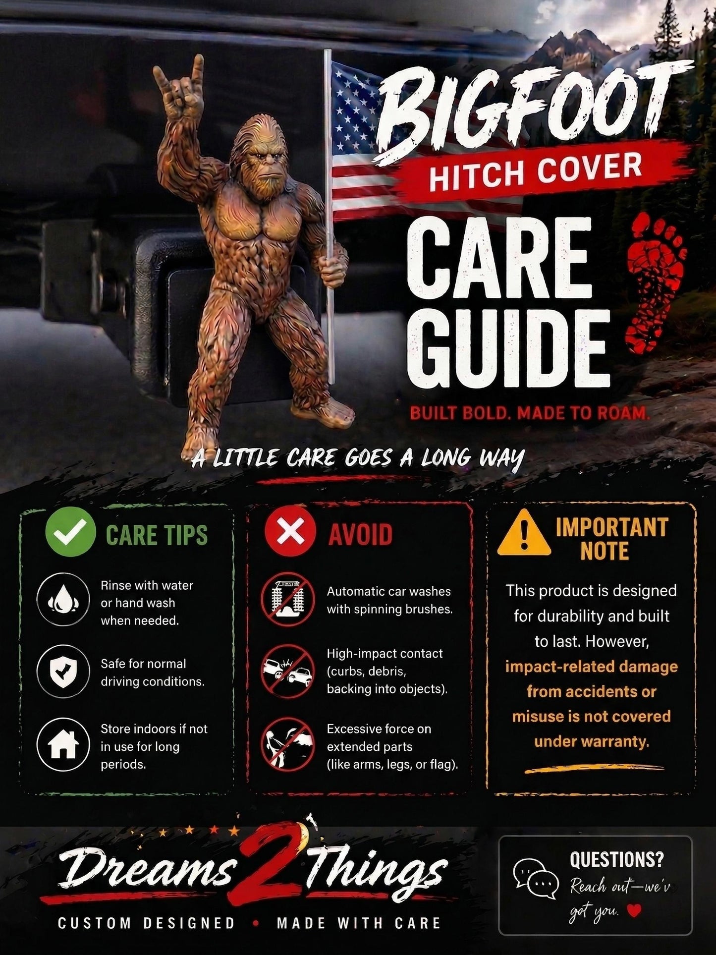 Bigfoot Rock On Hitch Cover with Waving American Flag