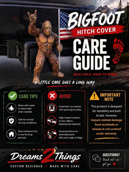 Bigfoot Rock On Hitch Cover with Waving American Flag